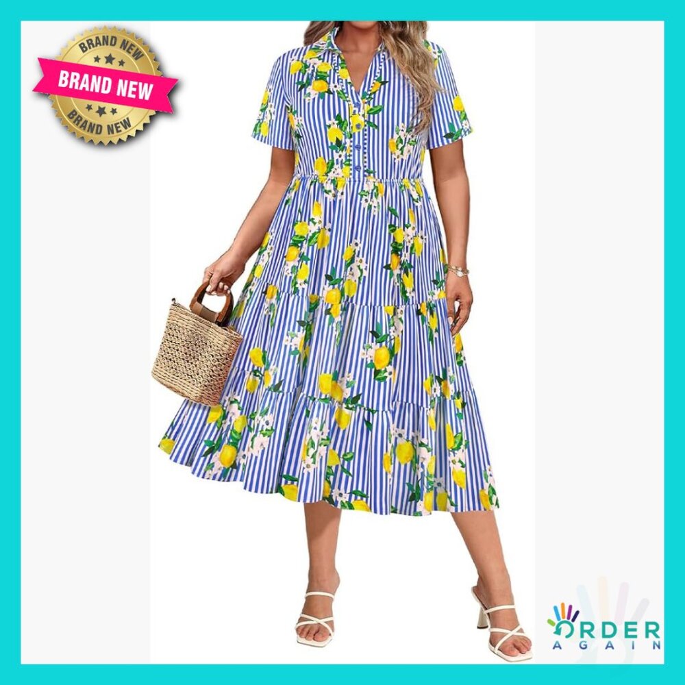 Midi Summer Dress V-Neck Short Sleeve Ruffle Pocket Casual Chic Plus Size